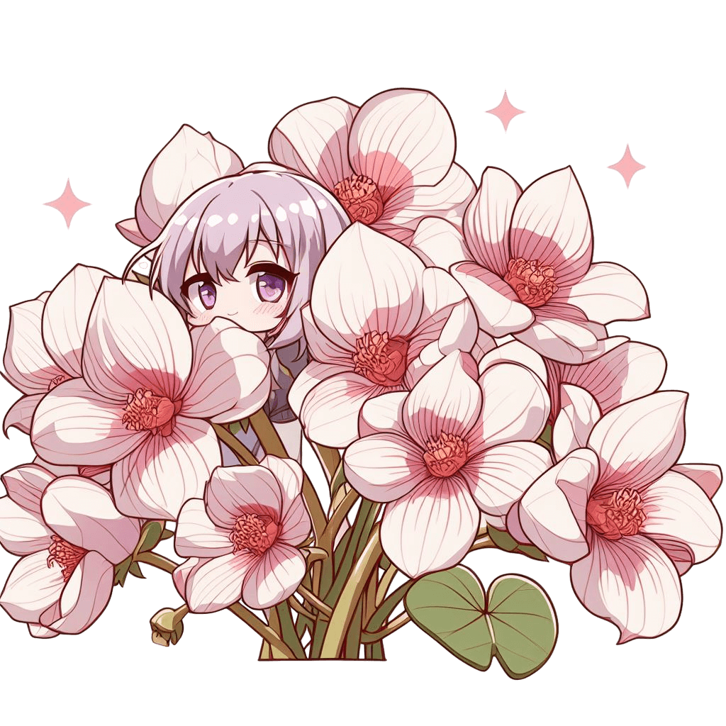 A cartoon girl hiding behind a bouquet of pueraria montana (kuzu) flowers on a transparent background.