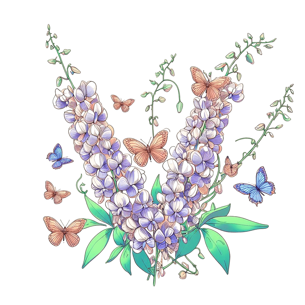 A bouquet purple pueraria montana (kuzu) flowers and butterflies on a transparent background.